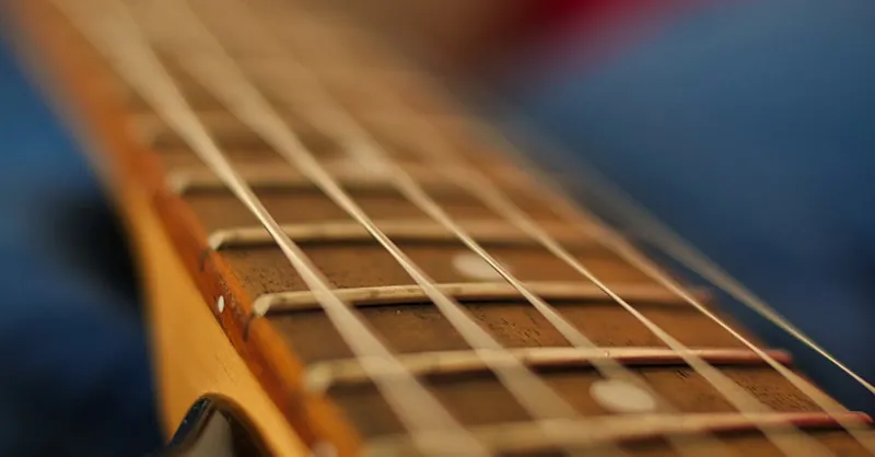 Extreme close-up of electric guitar strings in selective focus, highlighting the texture and details.