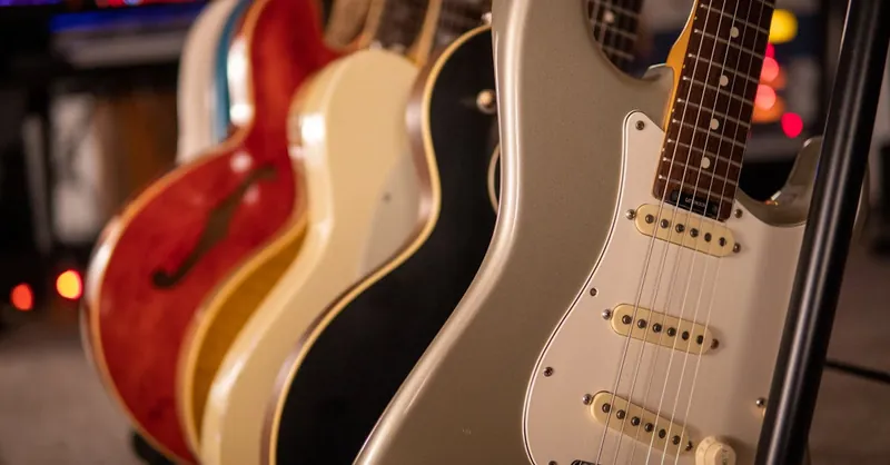 Row of electric guitars with a focus on elegant design and strings.