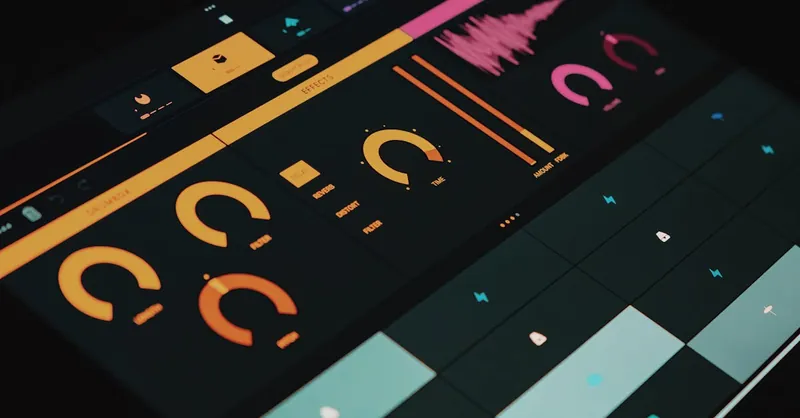 Close-up of a digital audio workstation interface with colorful sound controls and visual effects display.