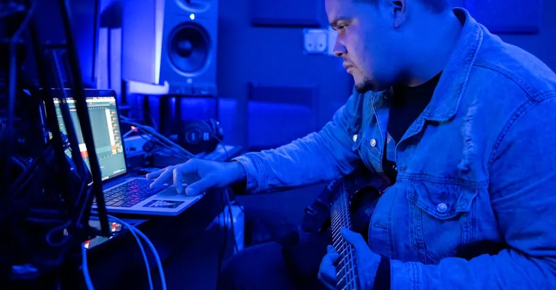 Focused musician working on laptop and guitar in professional studio with blue lighting.