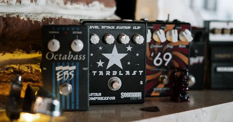 A detailed view of various guitar pedals, perfect for music lovers and musicians.