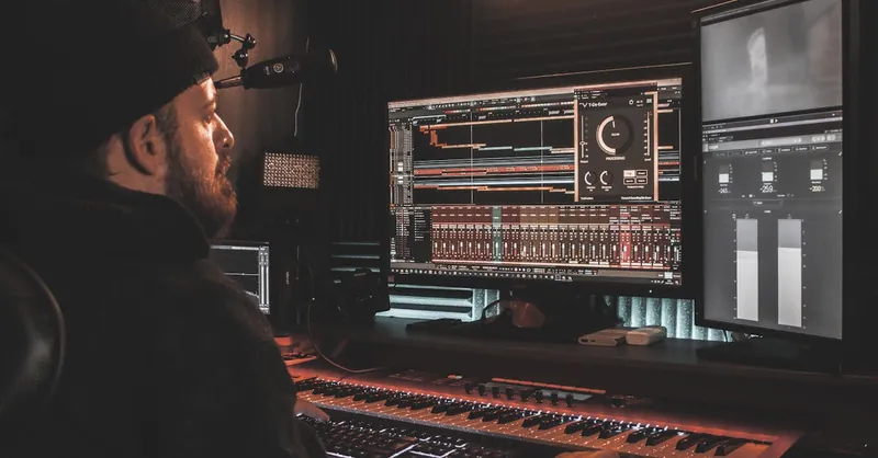 A professional audio engineer working at a digital music production setup in a home studio.