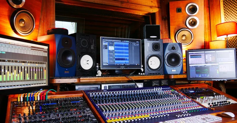High-quality sound mixing desk and monitors in professional recording studio.