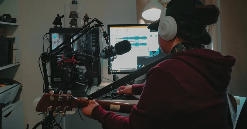 Back view faceless musician with guitar in casual wear and headphones sitting at table with computer and microphone while recording music